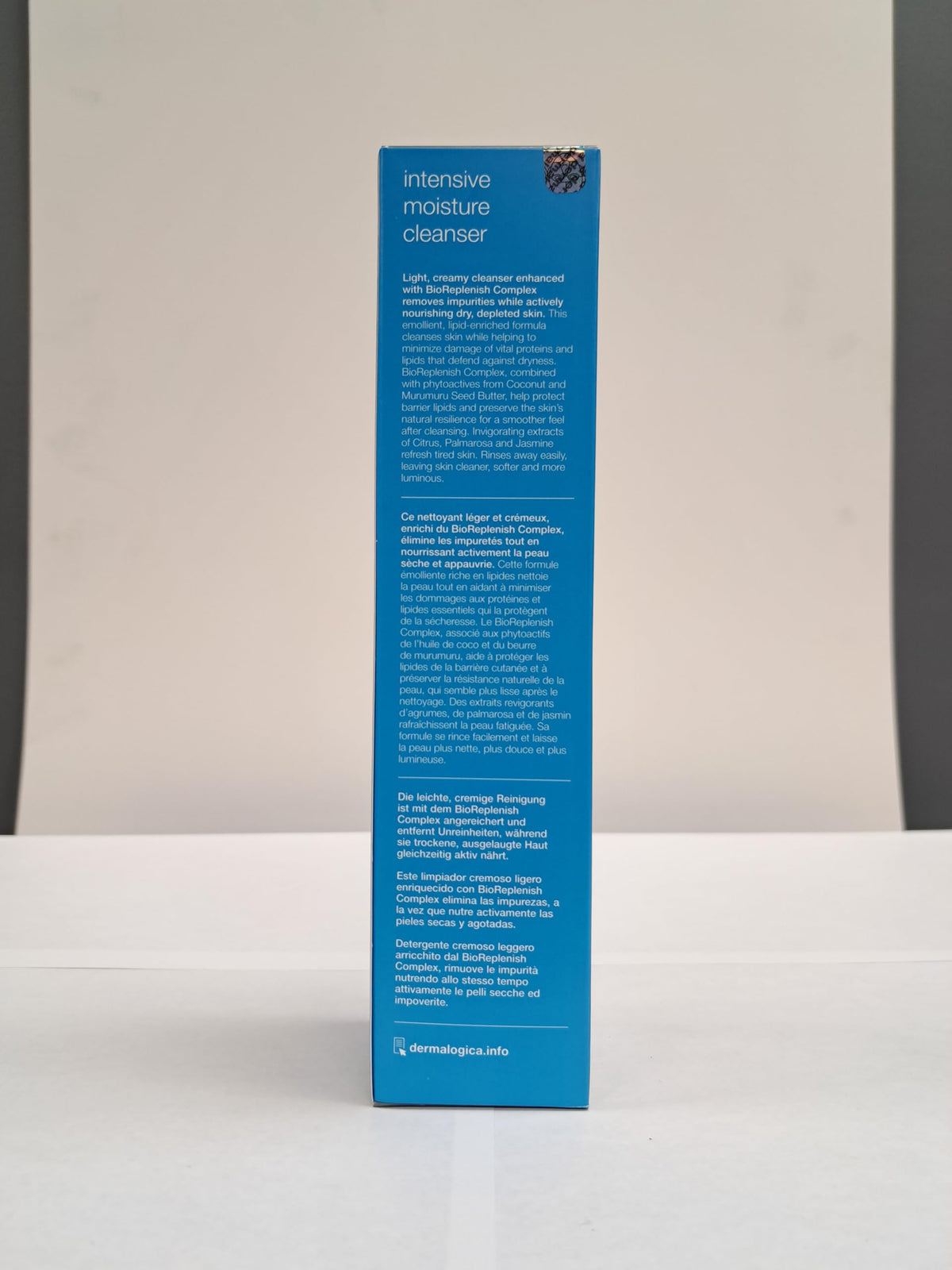 Dermalogica Intensive Moisture Cleanser bathroom-mirror conveys refreshing cleanse vibe.