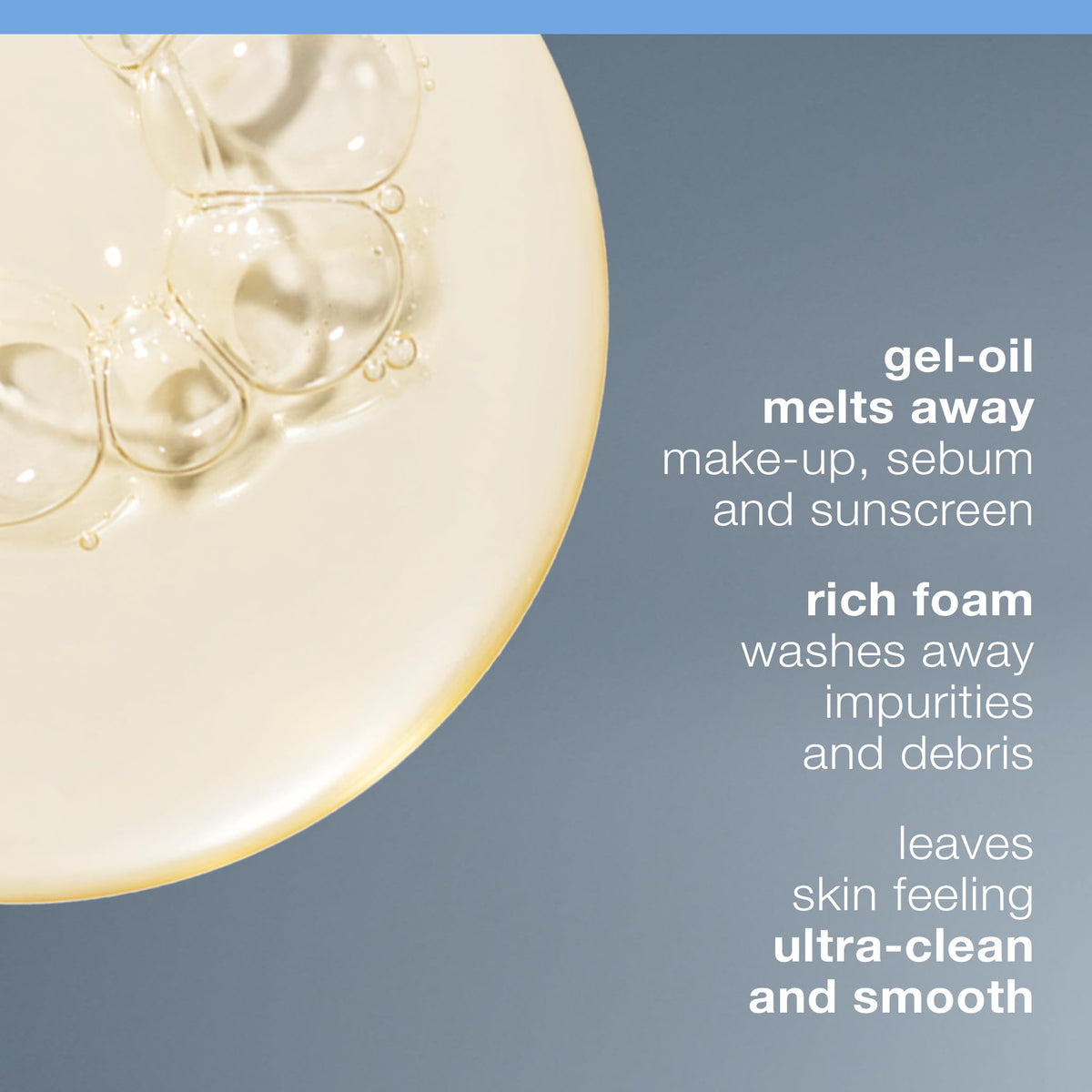 Dermalogica Oil To Foam Total Cleanser pump close-up showing gel-to-foam transformation for gentle cleansing.