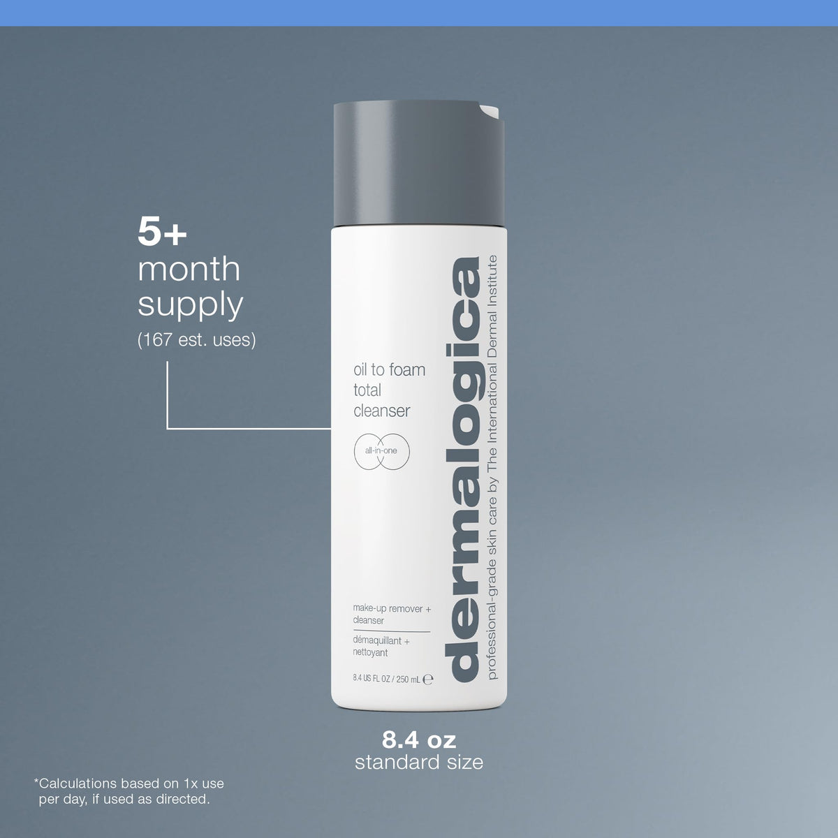 8.4 oz bottle in chic bathroom scene highlighting value and size.
