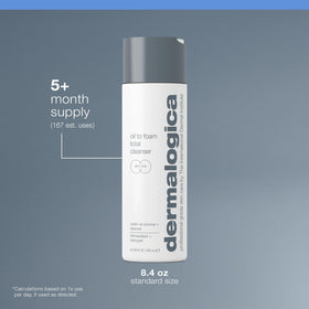 8.4 oz bottle in chic bathroom scene highlighting value and size.