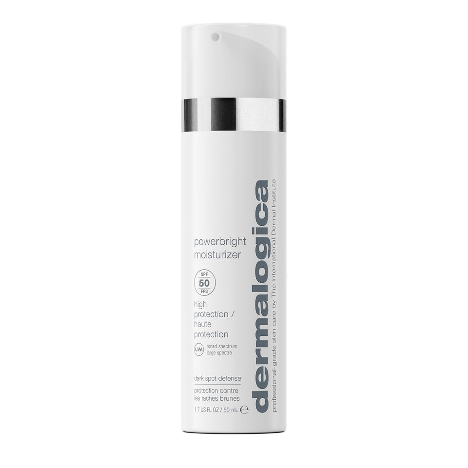 Dermalogica PowerBright Moisturizer SPF50 bottle front protects against sun and brightens skin