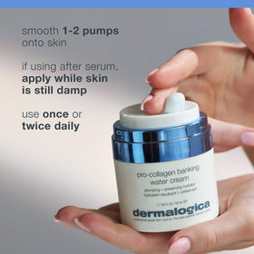 Dermalogica Pro Collagen Banking Water Cream ingredients label featuring peptides and marine water.