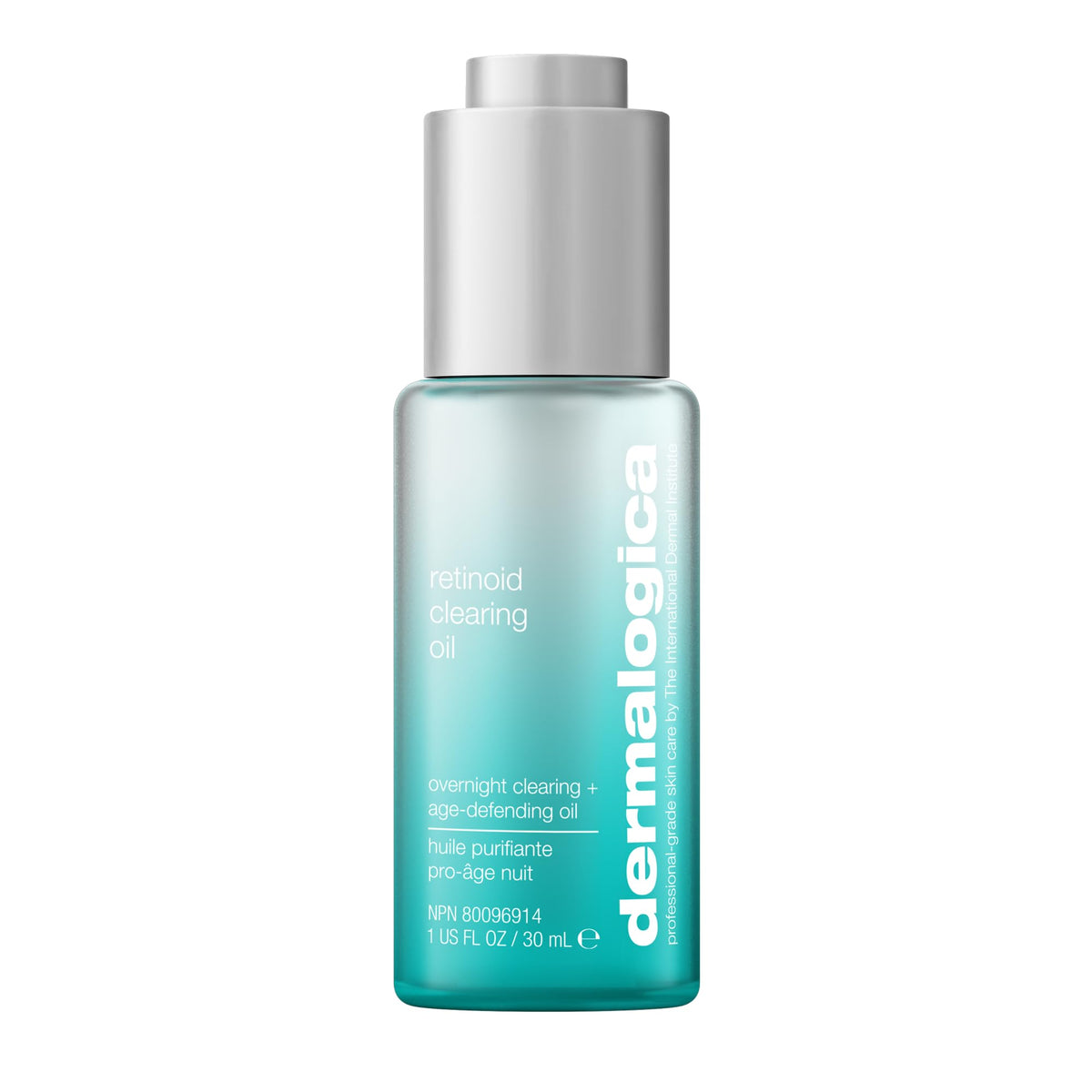Dermalogica Retinol Clearing Oil bottle shown for nighttime acne care and anti-aging benefits.