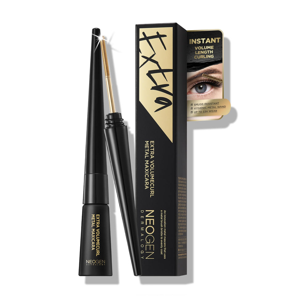 DERMALOGY by NEOGENLAB Extra Volume Curl Mascara wand close-up showing metal brush for precise lengthening.