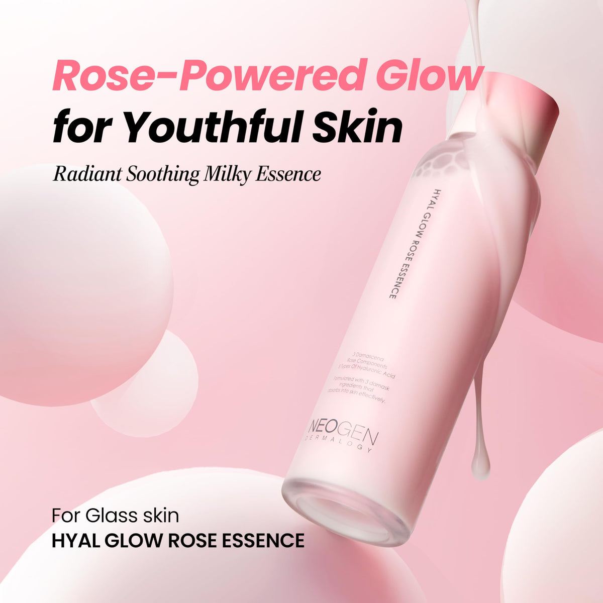DERMALOGY Hyal Glow Rose Essence pump action demonstrating quick, non-sticky absorption