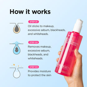 DERMALOGY by NEOGENLAB Calming Cleansing Oil with makeup-removal action—visible oil-to-water shift.