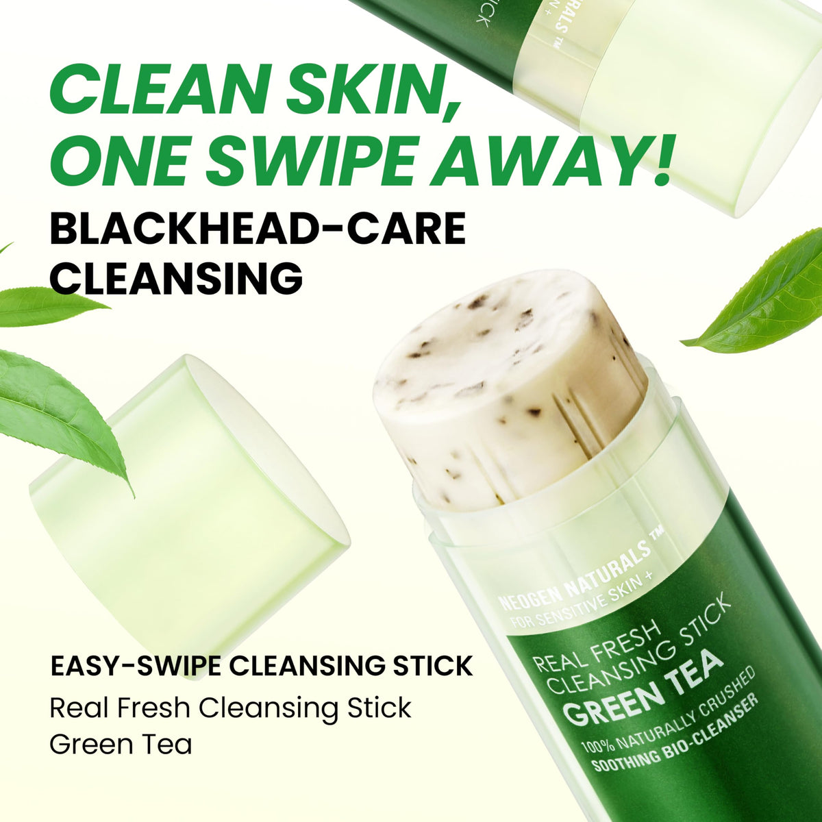 DERMALOGY by NEOGENLAB green tea leaves close-up emphasizes natural exfoliation and antioxidant benefits