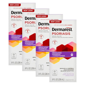 Dermarest Medicated Shampoo Plus Conditioner bottle front highlights fragrance-free formula for sensitive scalps.