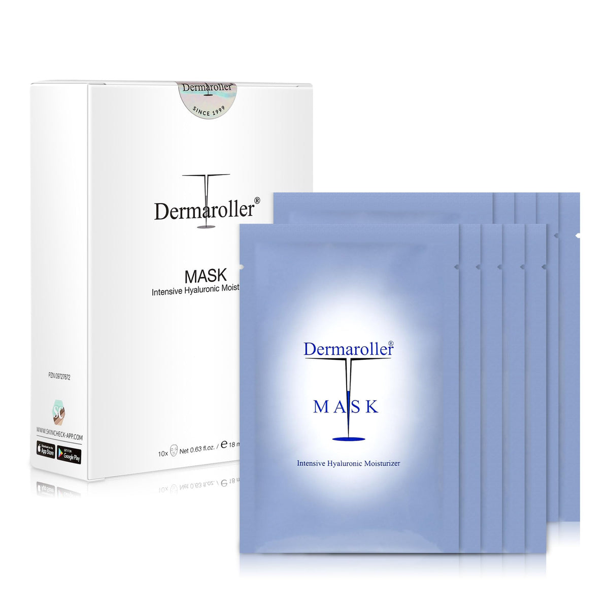 Dermaroller Hydrating Face Mask Sheet 10-pack packaging, highlighting premium German quality.