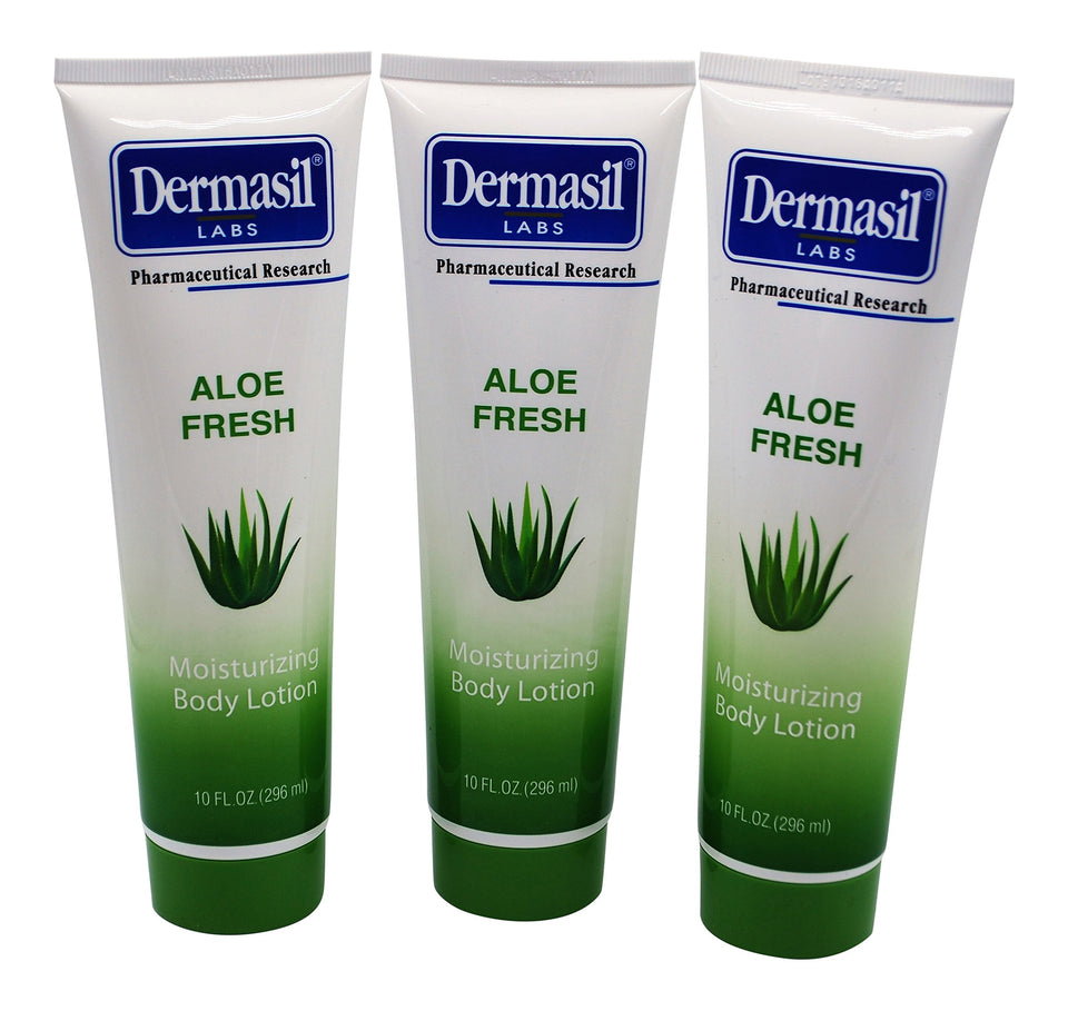 Dermasil Aloe Fresh Moisturizing Body Lotion bottle close-up for lightweight, non-greasy hydration.