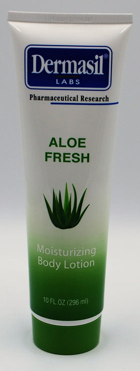 Dermasil Aloe Fresh bottle pouring, quickly absorbed on dry skin.
