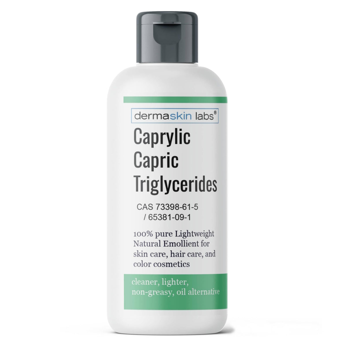 Dermaskin Labs Caprylic Capric Triglycerides bottle pour, silky texture and fast absorption.