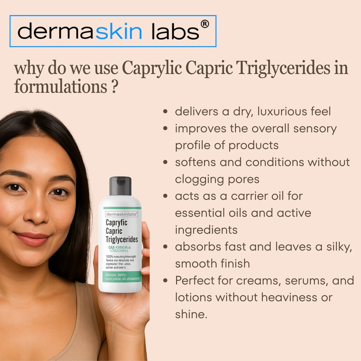 Dermaskin Labs Caprylic Capric Triglycerides cream application, improves glide and skin feel.