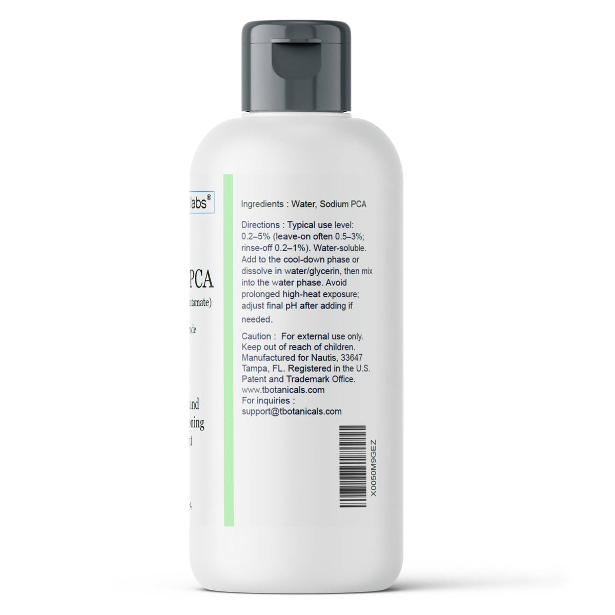 Dermaskin Labs Sodium PCA label close-up highlights moisture-attracting properties for formulas