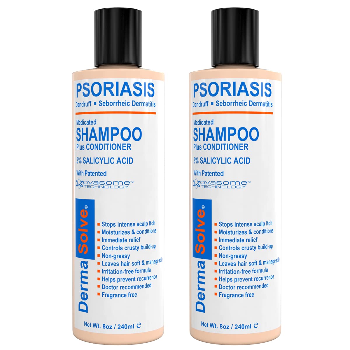 Dermasolve Scalp Psoriasis Shampoo bottle 8oz 2-pack on shelf for soothing scalp support.