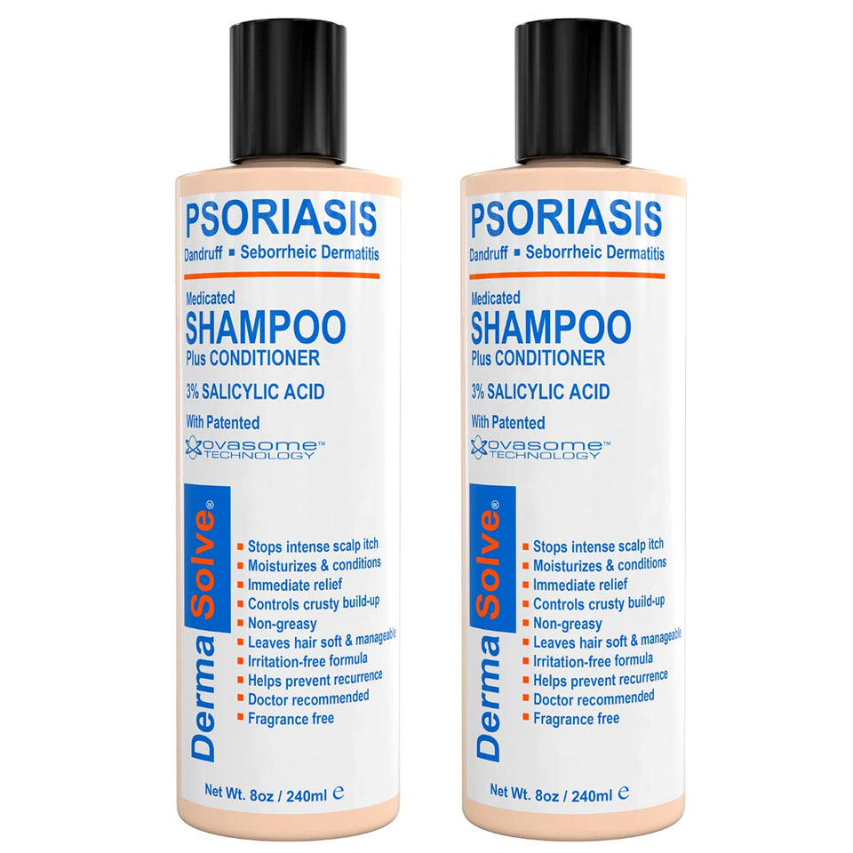 Dermasolve Scalp Psoriasis Shampoo bottle 8oz 2-pack on shelf for soothing scalp support.