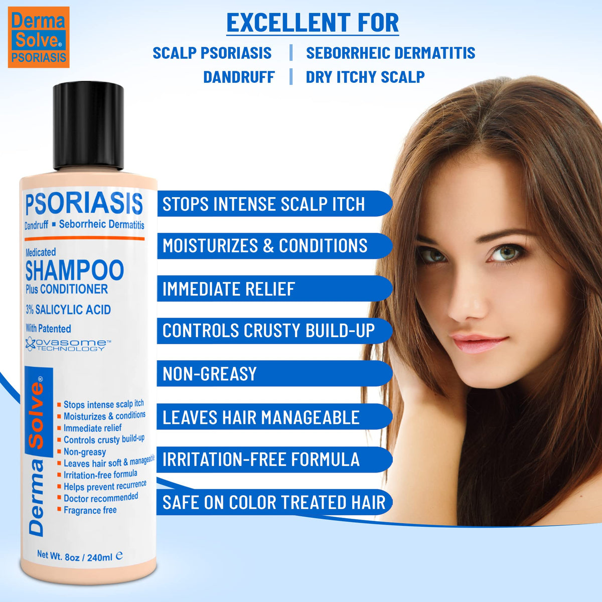 Dermasolve Shampoo bottle on sink with gentle lather implying soothing cleansing.