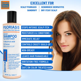 Dermasolve Shampoo bottle on sink with gentle lather implying soothing cleansing.