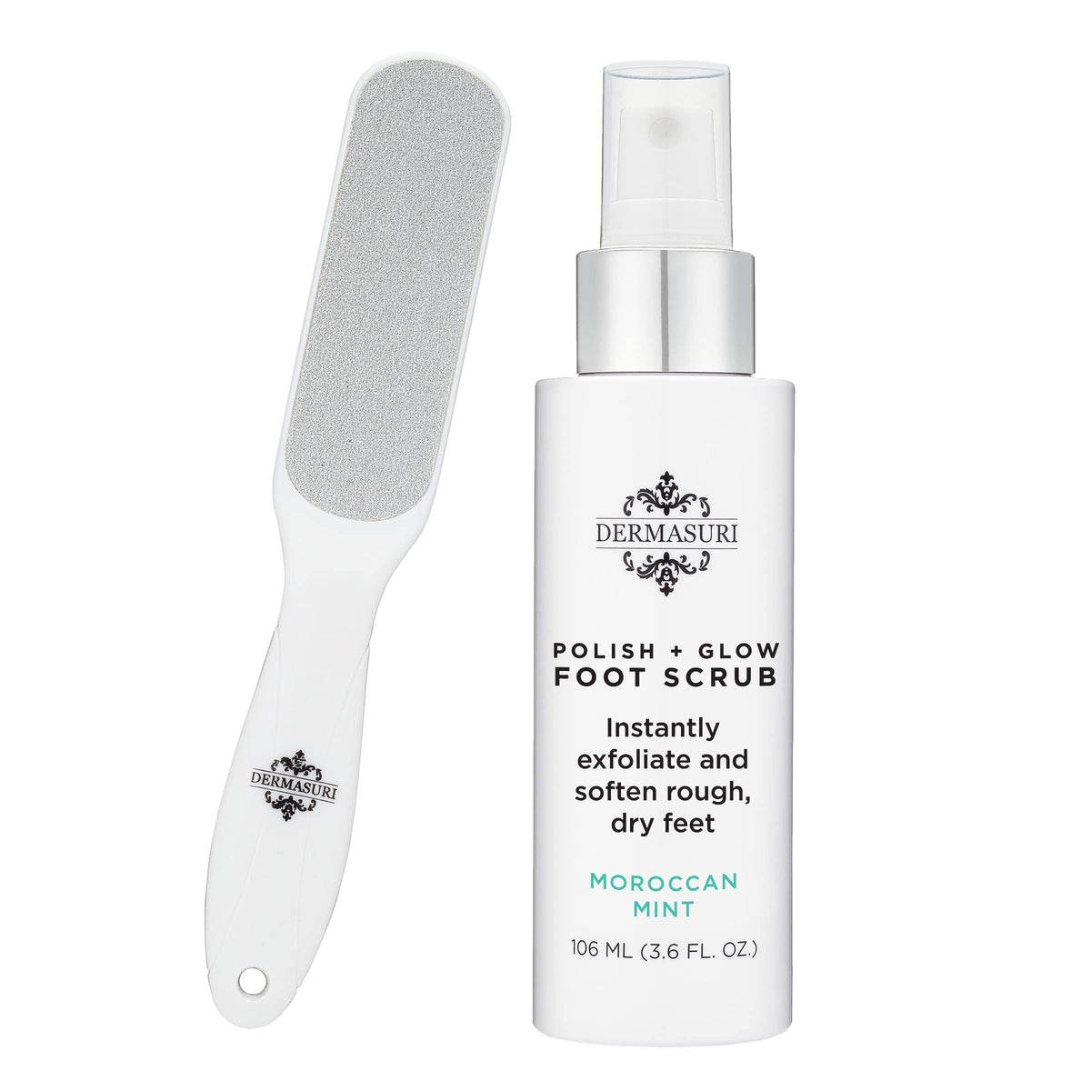 Dermasuri callus remover spray demonstrates quick home heel softening and exfoliation.