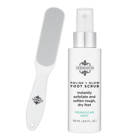 Dermasuri callus remover spray demonstrates quick home heel softening and exfoliation.