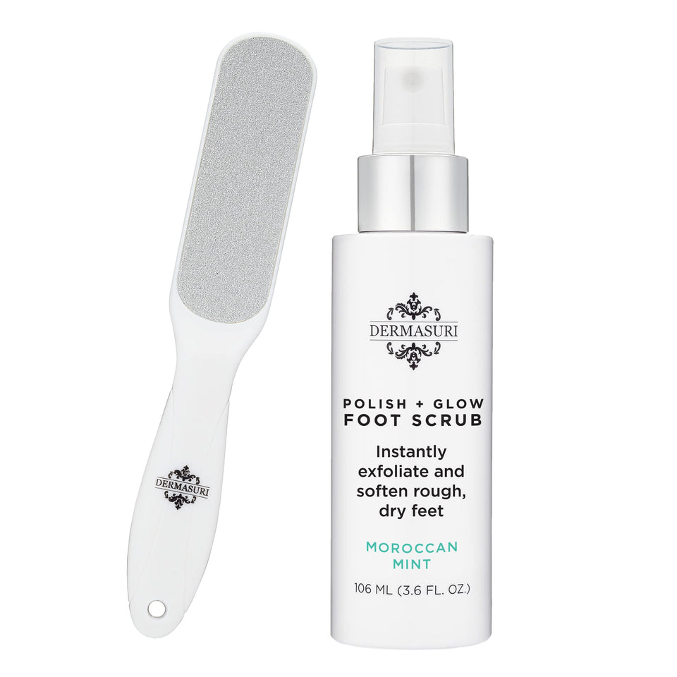 Dermasuri callus remover spray demonstrates quick home heel softening and exfoliation.