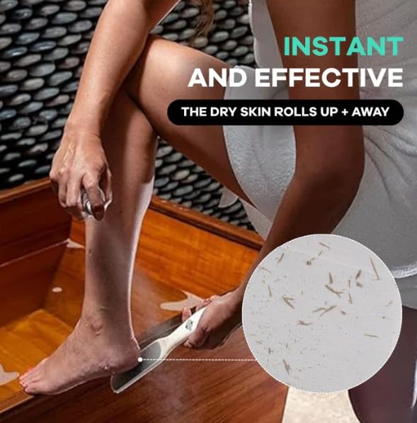 Dermasuri deluxe foot rasp shows coarse and fine grit for efficient callus smoothing.