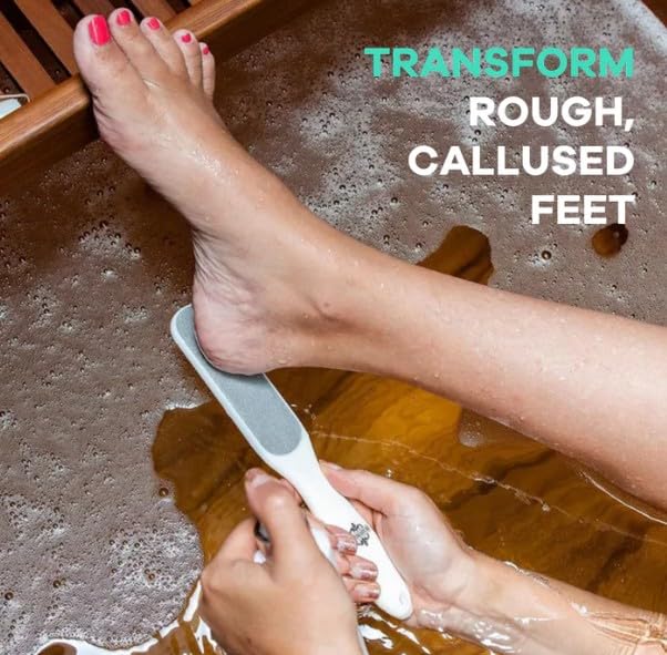Dermasuri exfoliating foot scrub demonstrates removal of dry skin for smoother heels.