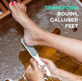 Dermasuri exfoliating foot scrub demonstrates removal of dry skin for smoother heels.