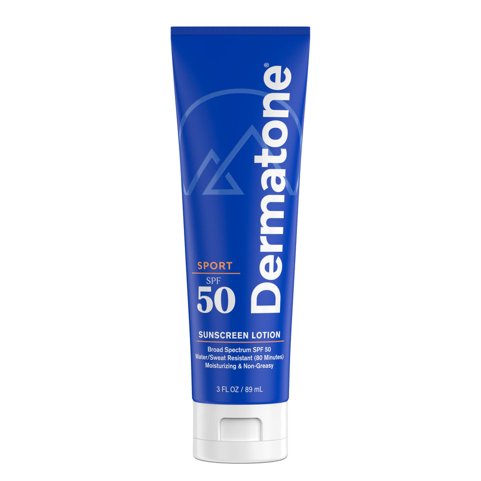 DERMATONE Sport Sunscreen Lotion SPF 50 bottle on beach showing broad protection for outdoor activities
