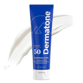 DERMATONE Sport Sunscreen Lotion SPF 50 packaging for travel in a compact 3oz tube