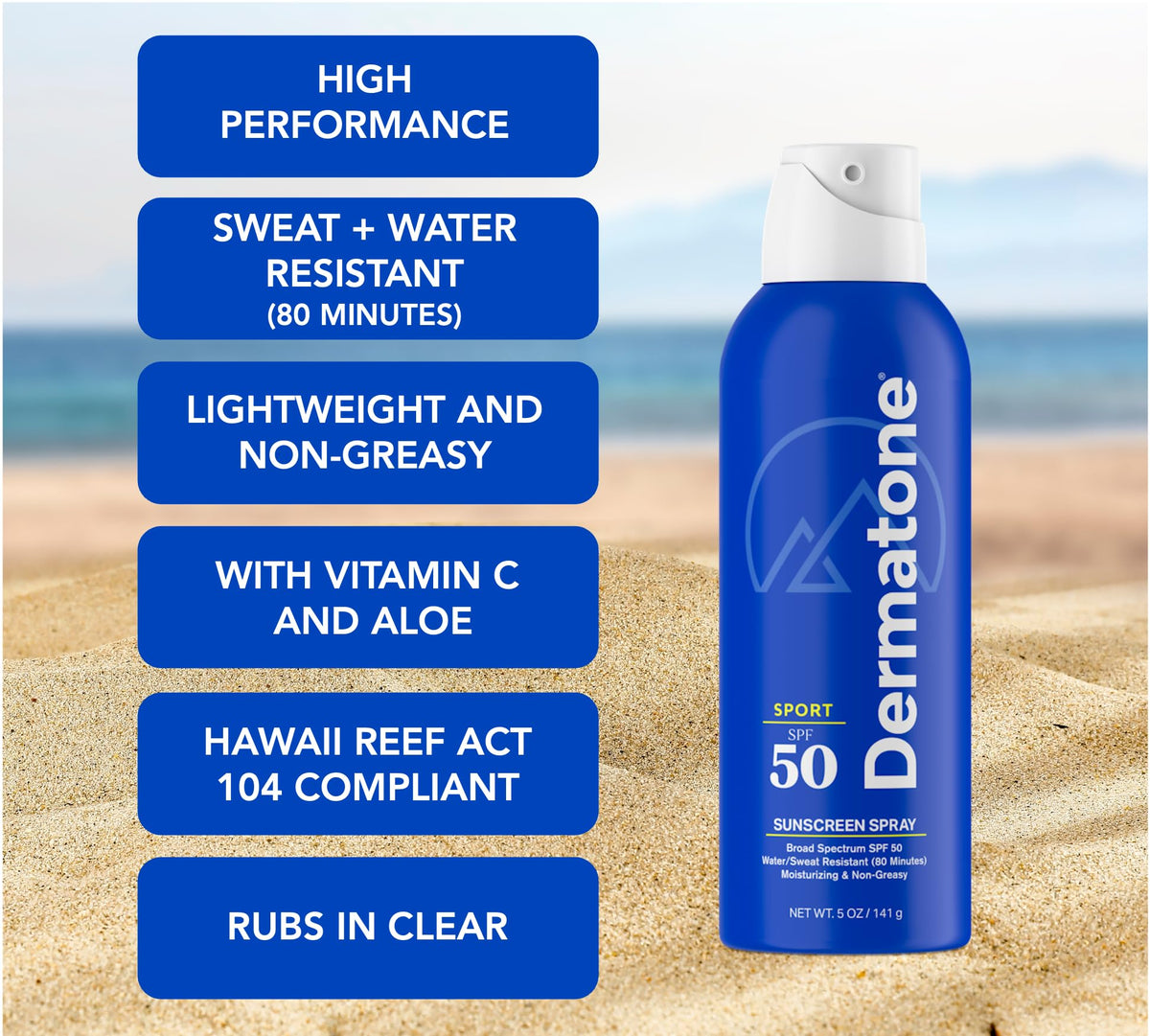 Dermatone Sport Sunscreen Spray SPF 50 water-resistance-icon indicating sweat-ready protection