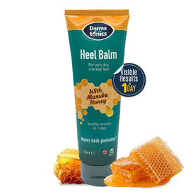 Dermatonics Manuka Honey Heel Balm jar showing nourishing formula that hydrates dry feet.