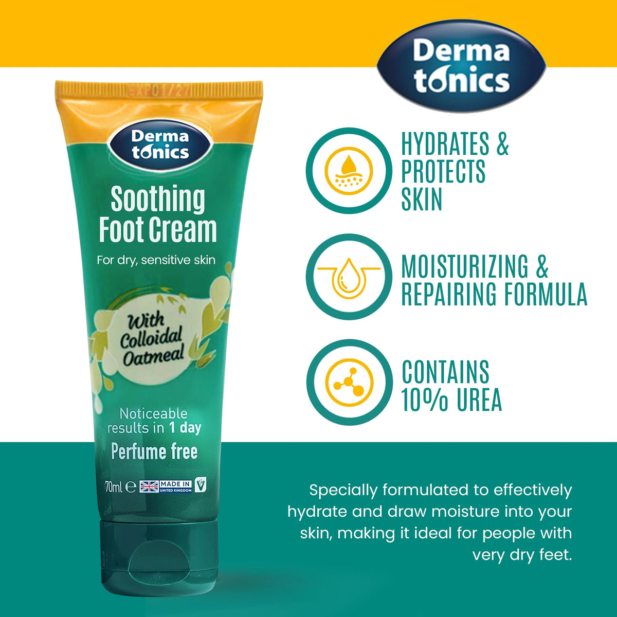 Dermatonics Soothing Foot Cream colloidal oatmeal visible, supporting gentle nourishment and skin recovery.