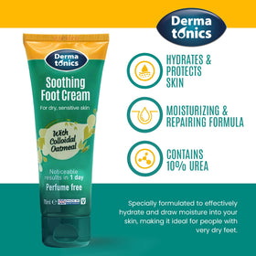 Dermatonics Soothing Foot Cream colloidal oatmeal visible, supporting gentle nourishment and skin recovery.