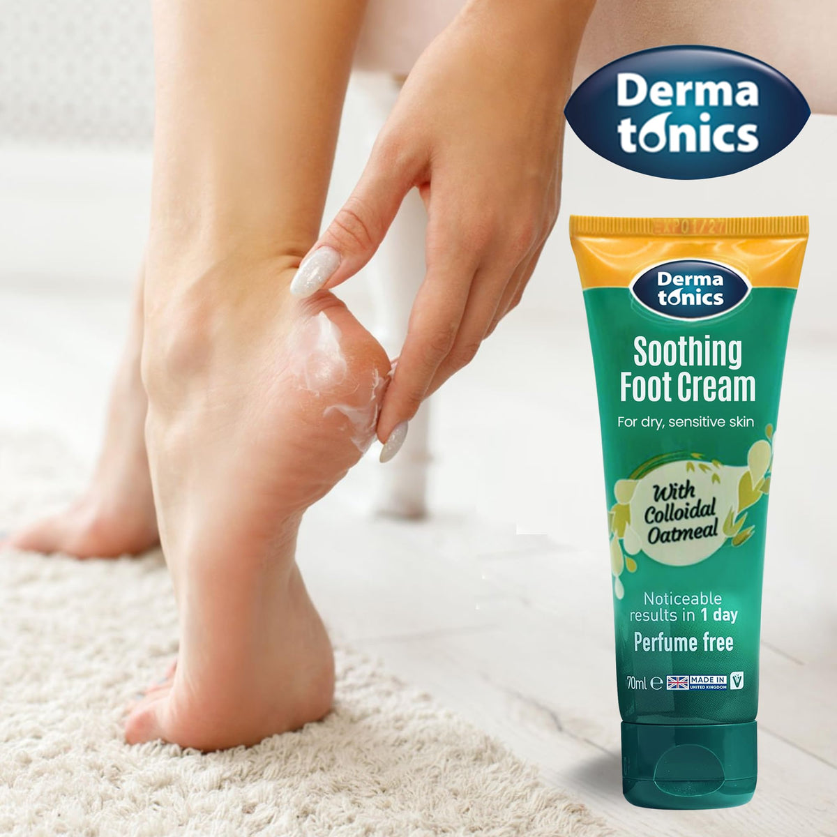 Dermatonics Soothing Foot Cream label view highlights paraben-free and sulfate-free formula.