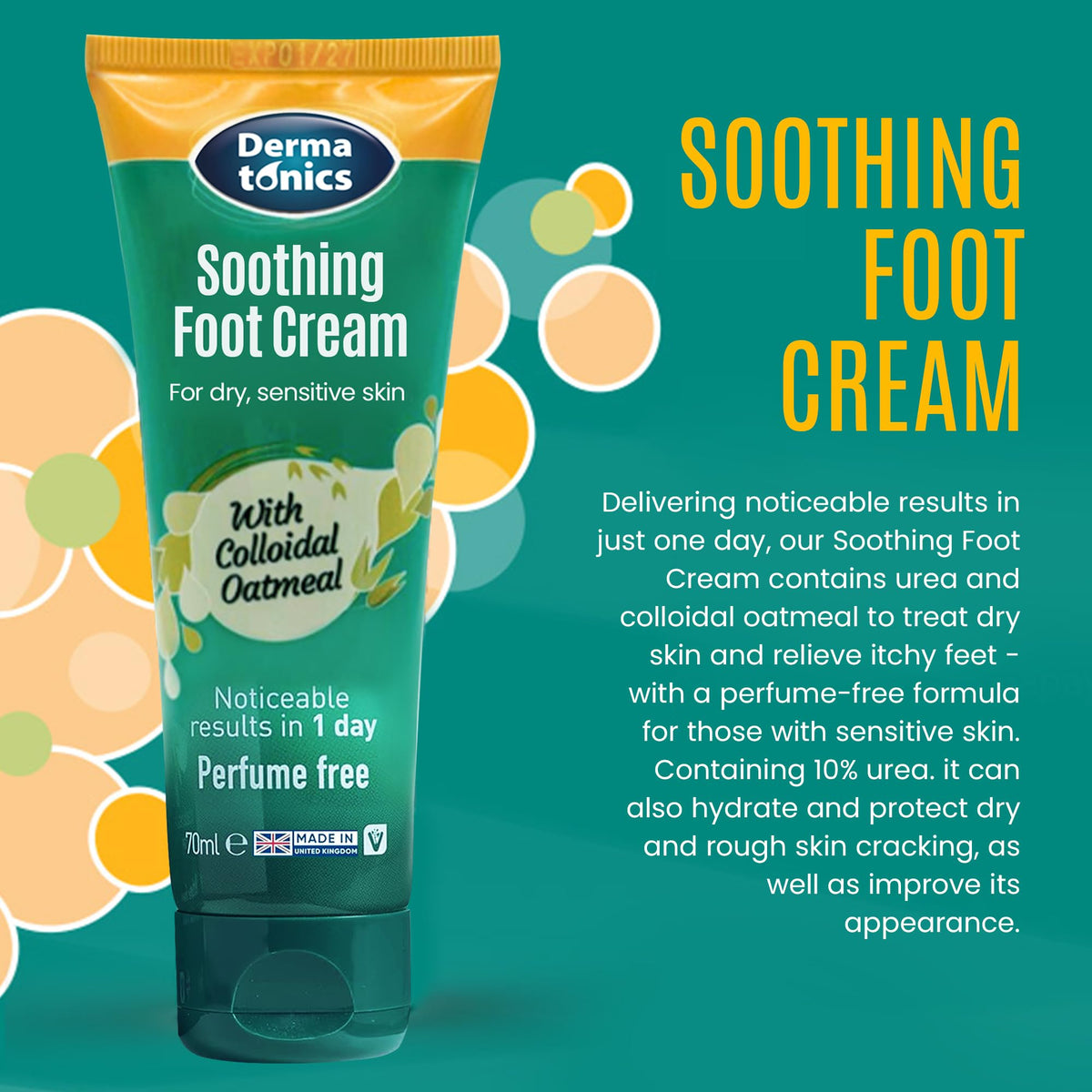 Dermatonics Soothing Foot Cream texture close-up shows creamy formula ready to soften rough skin.