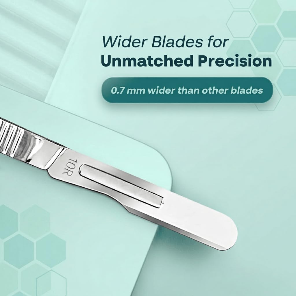 Close-up of a 10R blade highlighting sharpness for clean peach fuzz removal.