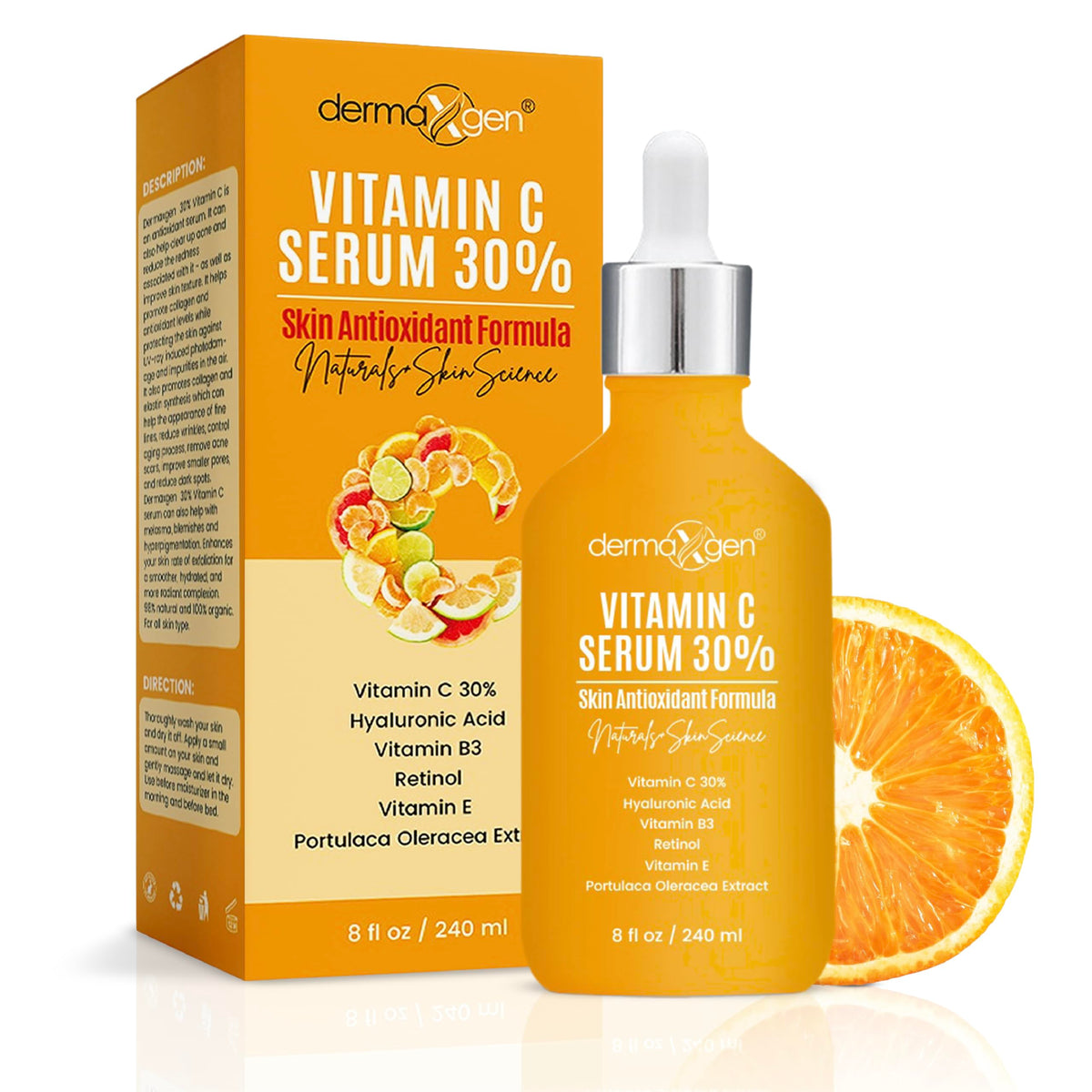 DERMAXGEN 30% Vitamin C Serum bottle close-up highlighting anti-aging formulation.