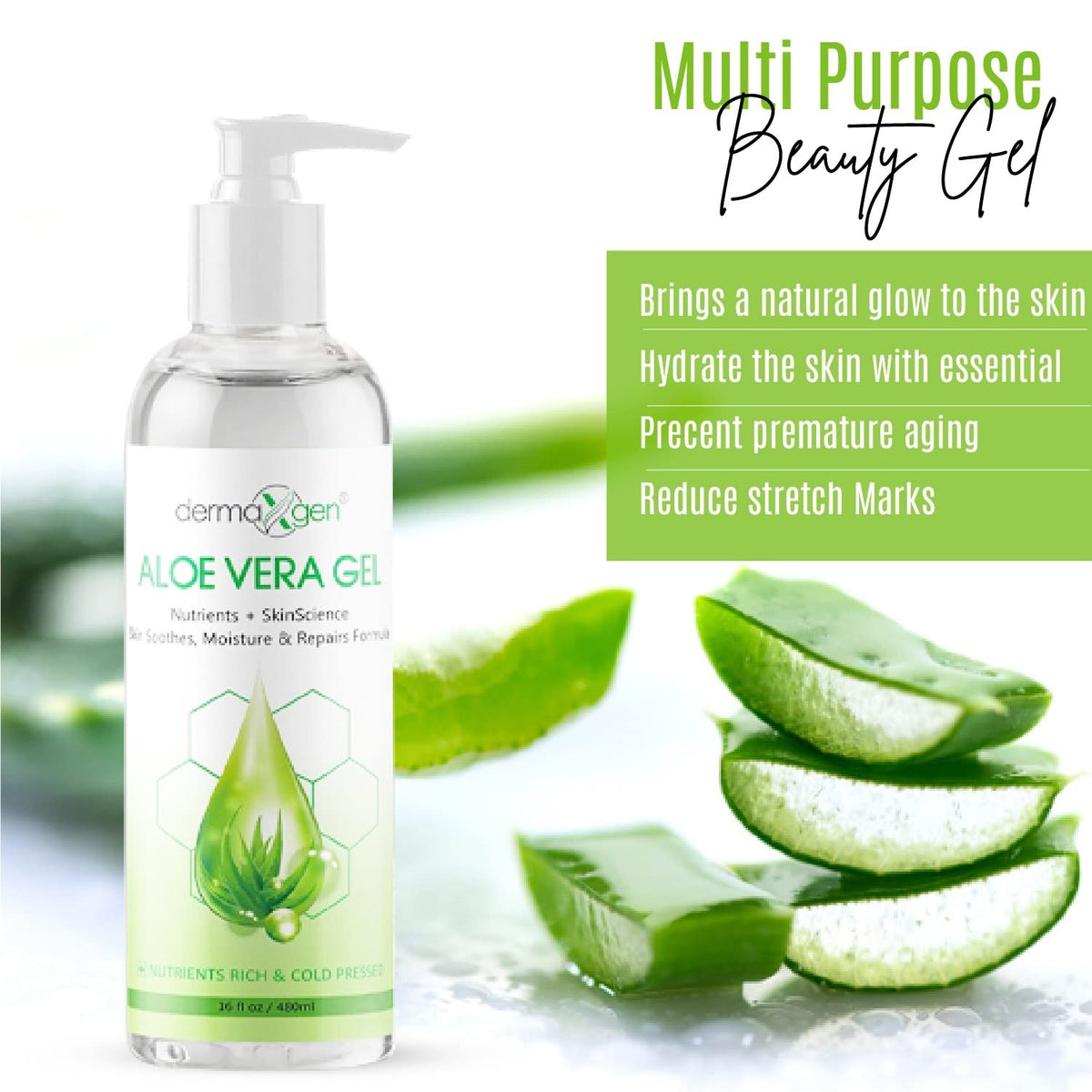 DERMAXGEN Aloe Vera Gel ingredients close-up highlighting soothing witch hazel and vitamins