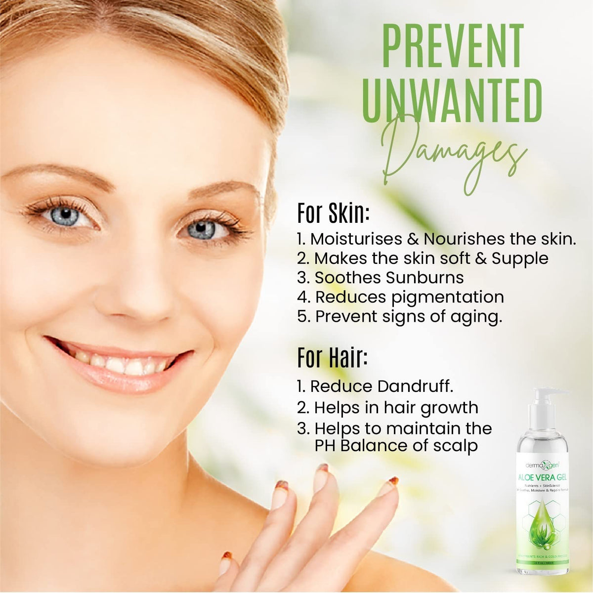 DERMAXGEN Aloe Vera Gel scalp use showing hydration and scalp comfort