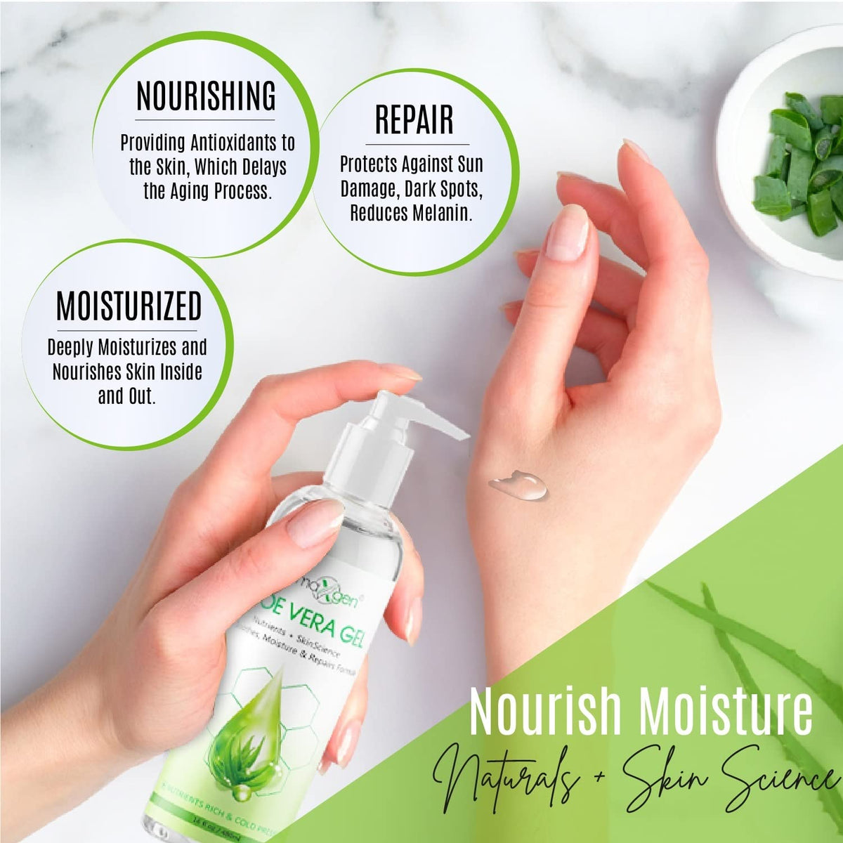 DERMAXGEN Aloe Vera Gel texture close-up revealing hydrating, refreshing consistency