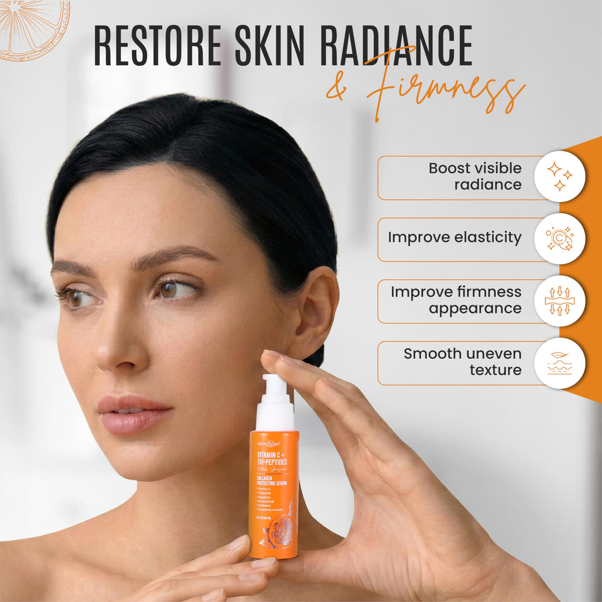 Dermaxgen Bright Idea Serum bottle on vanity supports a refreshed glow