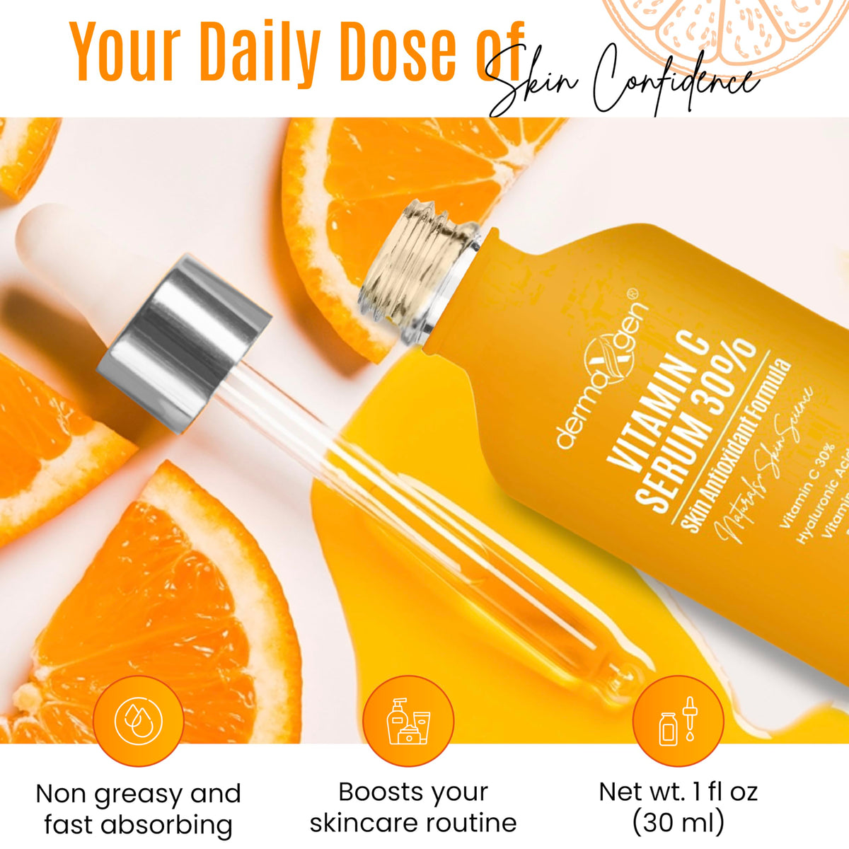 DERMAXGEN Bottle label details emphasize organic, plant-based skincare ingredients.