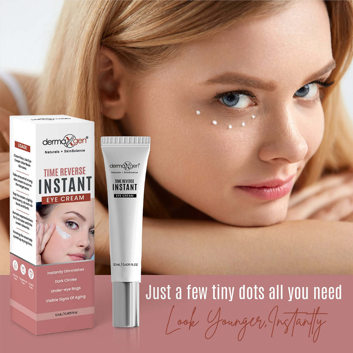 DERMAXGEN Instant Eyelift Cream close-up shows silky texture for quick absorption