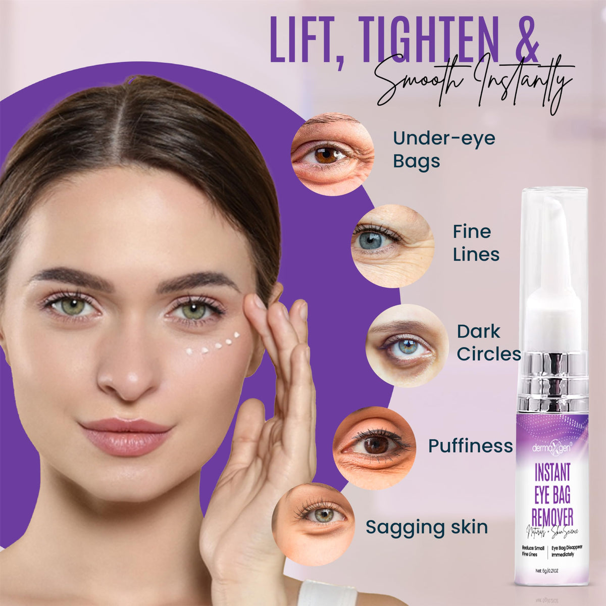 DERMAXGEN instant under eye cream texture shows smooth glide and quick absorption