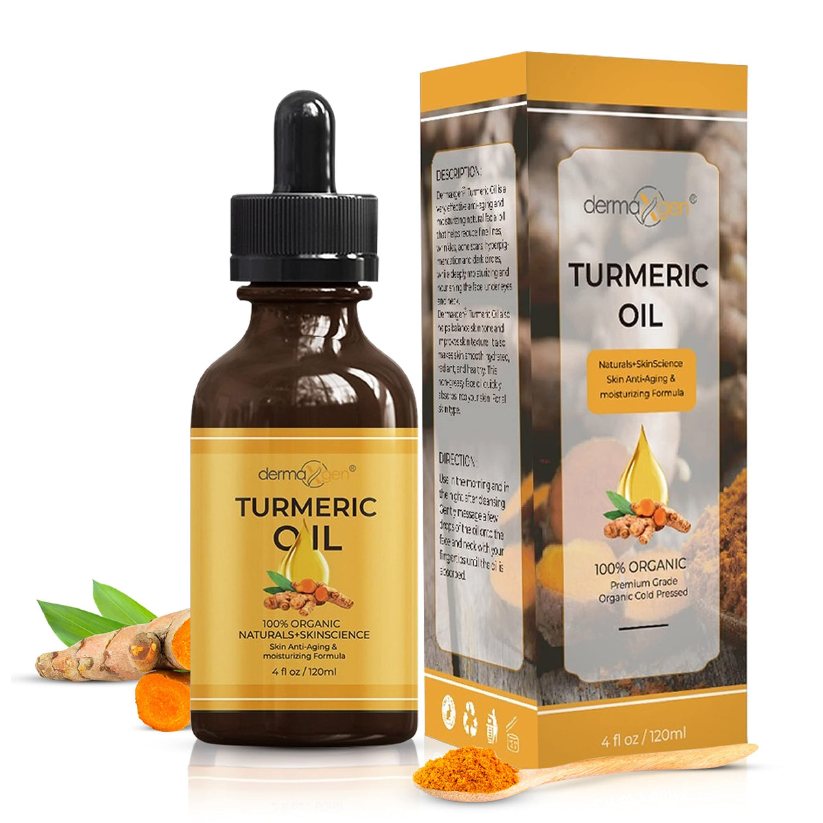 DERMAXGEN Turmeric Oil bottle glow close-up for radiant skin.