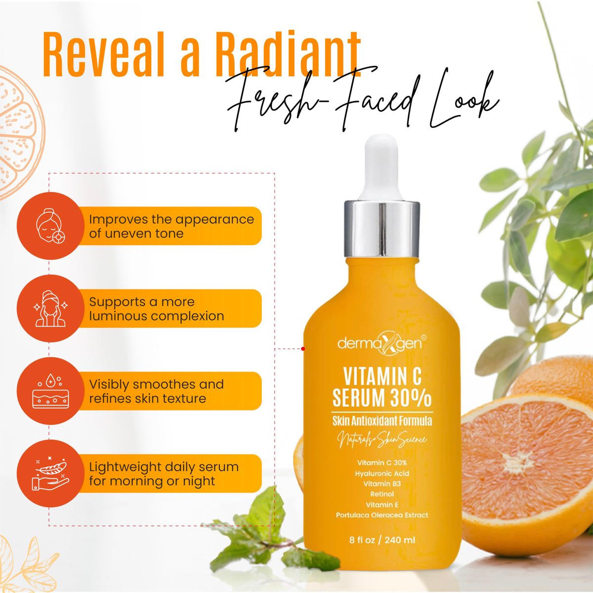 DERMAXGEN Vitamin C Serum dropper close-up for precise, mess-free application.