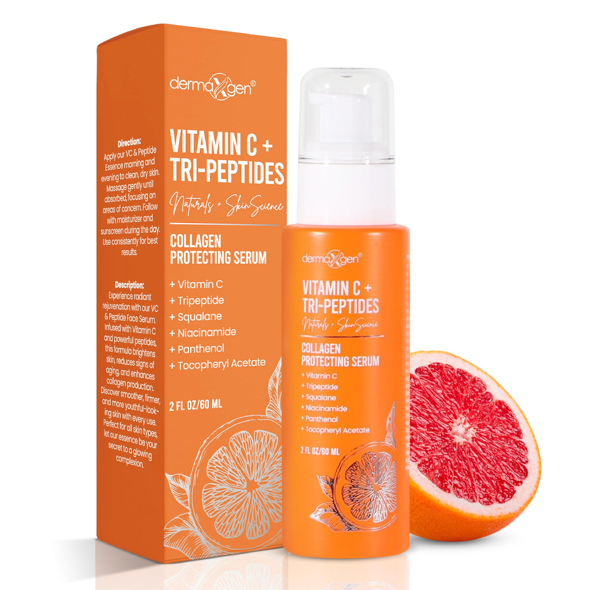 Dermaxgen Vitamin C + Tri-Peptide serum bottle boosts radiance and supports the skin barrier