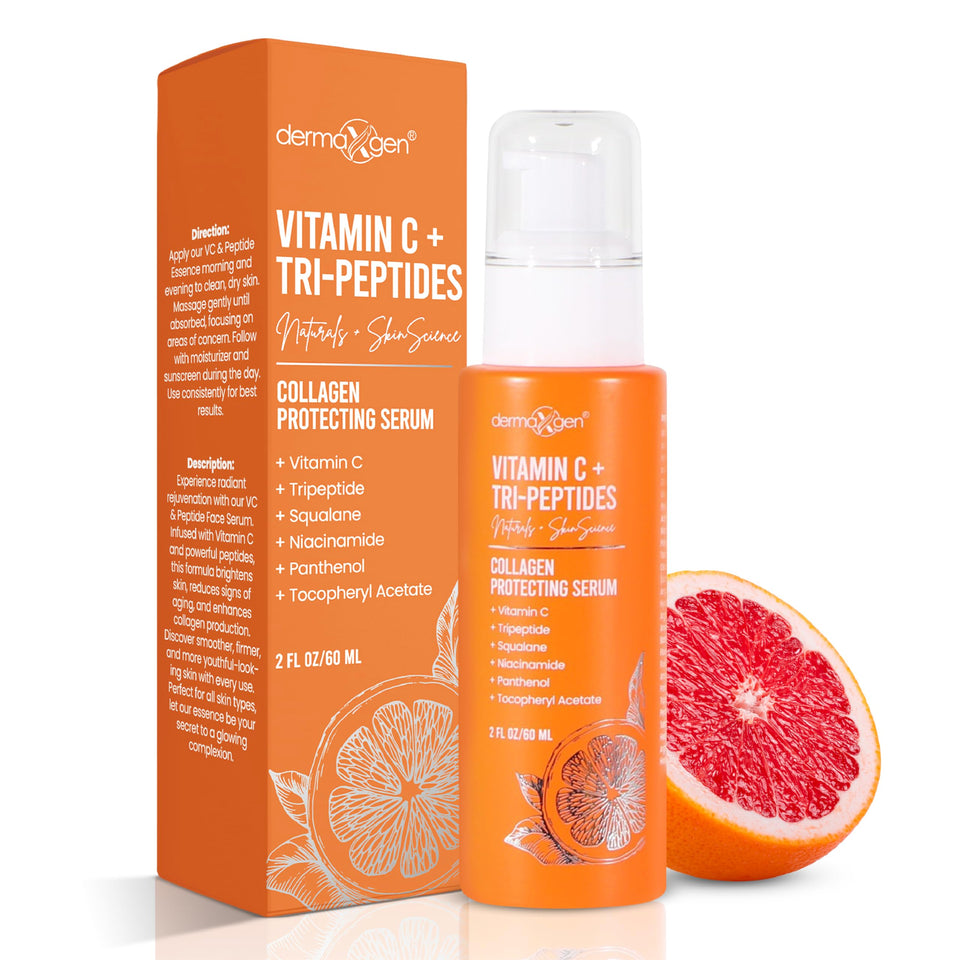 Dermaxgen Vitamin C + Tri-Peptide serum bottle boosts radiance and supports the skin barrier