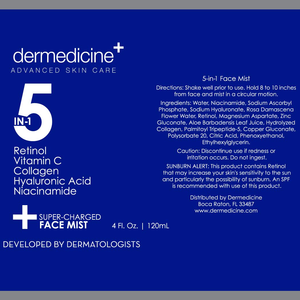 Dermedicine 5 in 1 Face Mist packaging flat lay for travel use.